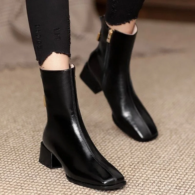 Women's Riding  Short Boots Pu Leather Thick Heel Pointed Head 2022New Autumn Platform Side Zipper Fashtion Women's Casual Boots