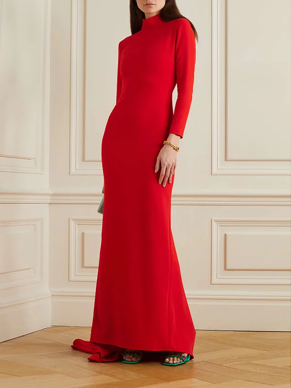 Long Sleeves Solid Color Half Turtleneck Evening Dresses Maxi Dresses
