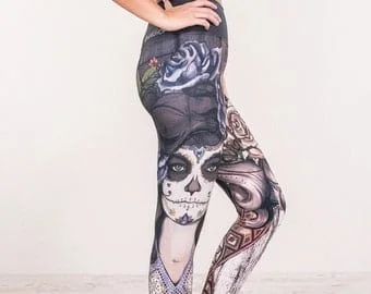 Pornhint Sugar Skull Leggings with Rose Buds - Calavera