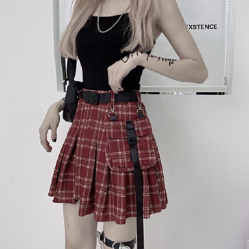 red plaid skirt with belt
