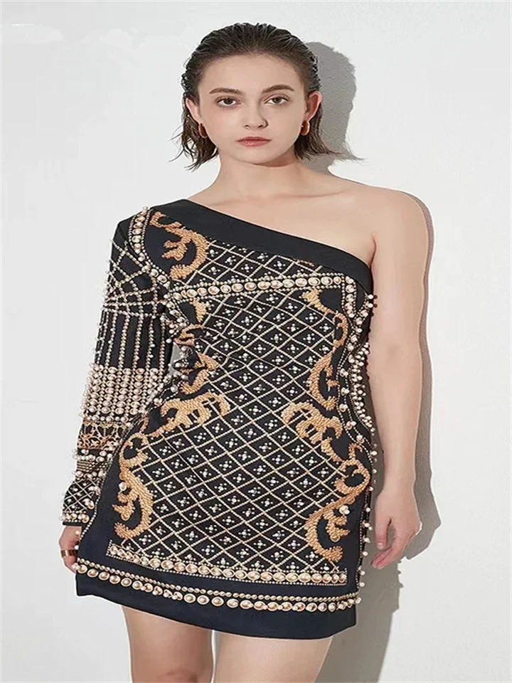 Geometric Patterns Totem Printed Beaded Rivets One Shoulder Sexy Slant Neck Long Sleeve Pullover A-line Dresses Clothing Women's-Cosfine