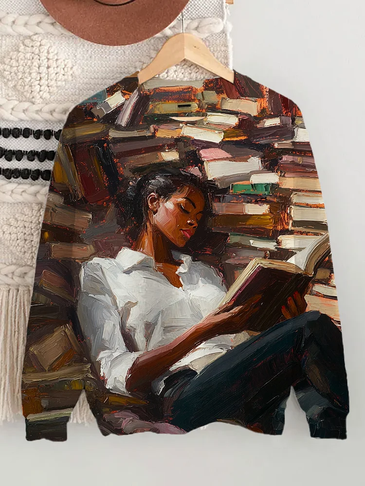 Women's Black Girl Loves Reading Oil Painting Art Print Casual Sweatshirt