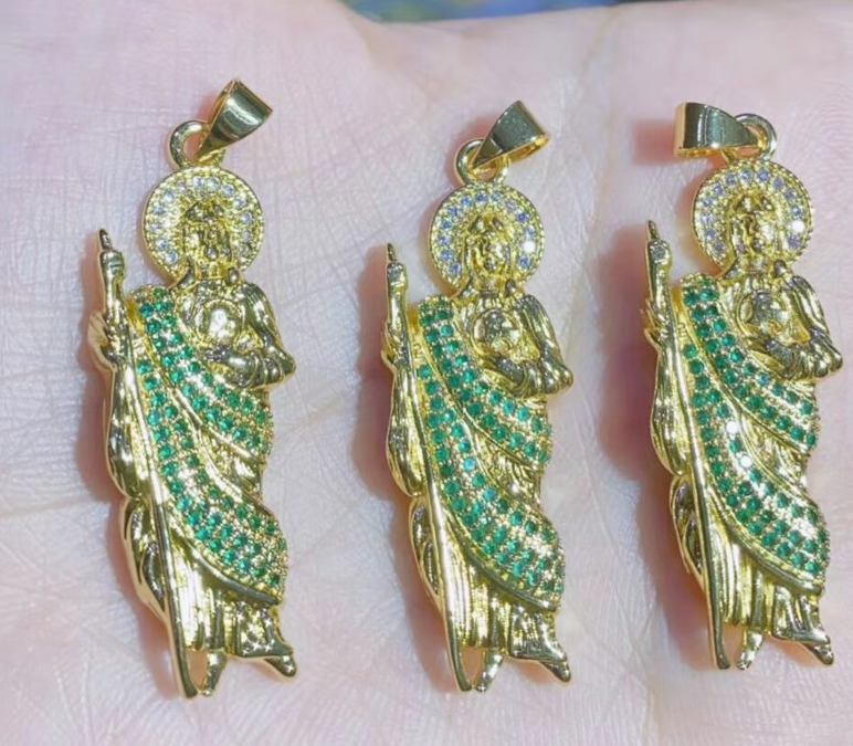 Green/White Rhinestone Virgin Mary Pendant Gold Bling-VESSFUL