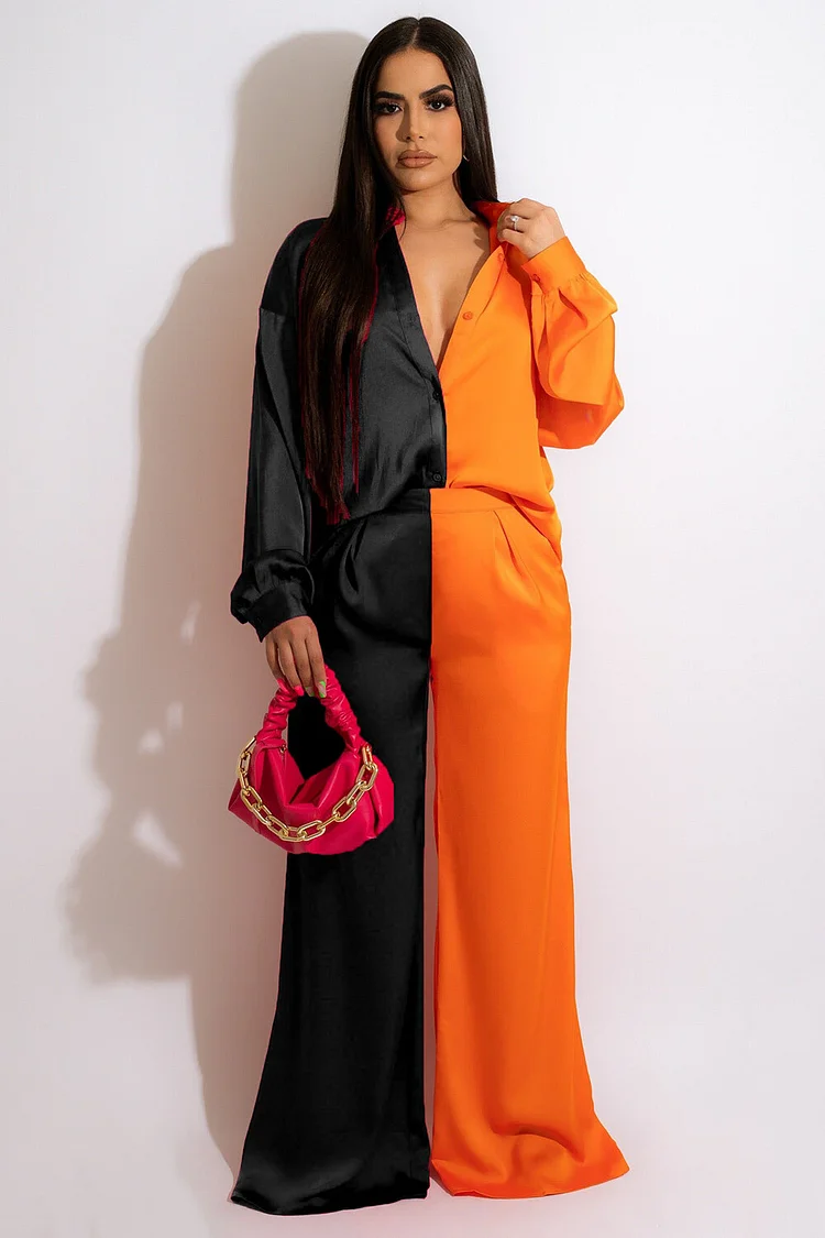 Colorblock Patchwork Long Sleeve Blouse Wide Leg Pants 2pcs Set-Fuchsia