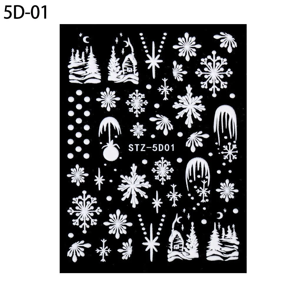 5D White Snowflakes Embossed Nail Sticker Christmas New Year Nail Art Winter Charms Flower Design Manicure Slider Decals