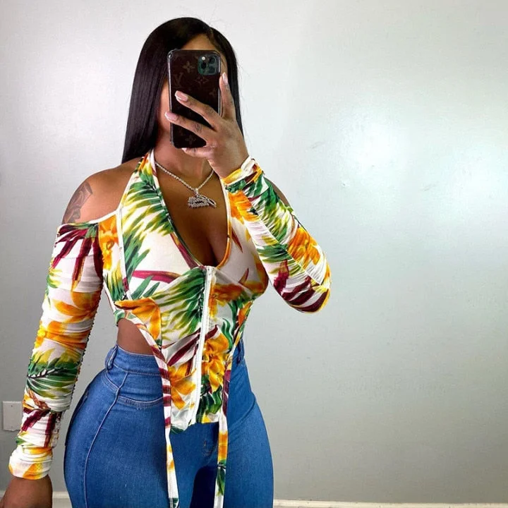 Hugcitar 2021 Long Stacked Sleeve Halter Zipper Patchwork Sexy Crop Top Autumn Winter Women Fashion Streetwear Tshitrs Club Tees