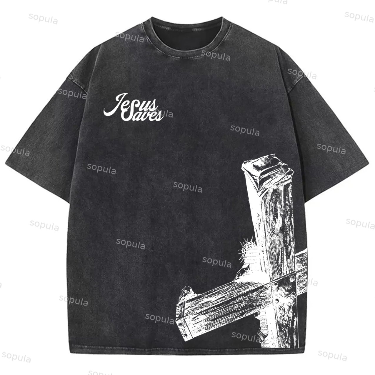 Sopula Vintage Casual Jesus Saves Graphic Acid Washed T-Shirt - SOPULA