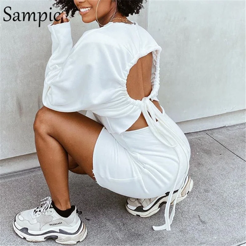 Sampic Sexy Women Casual White Black Hollow Out Long Sleeve Mini Bodycon Dress O Neck Short Wrap Party Club Dress Autumn