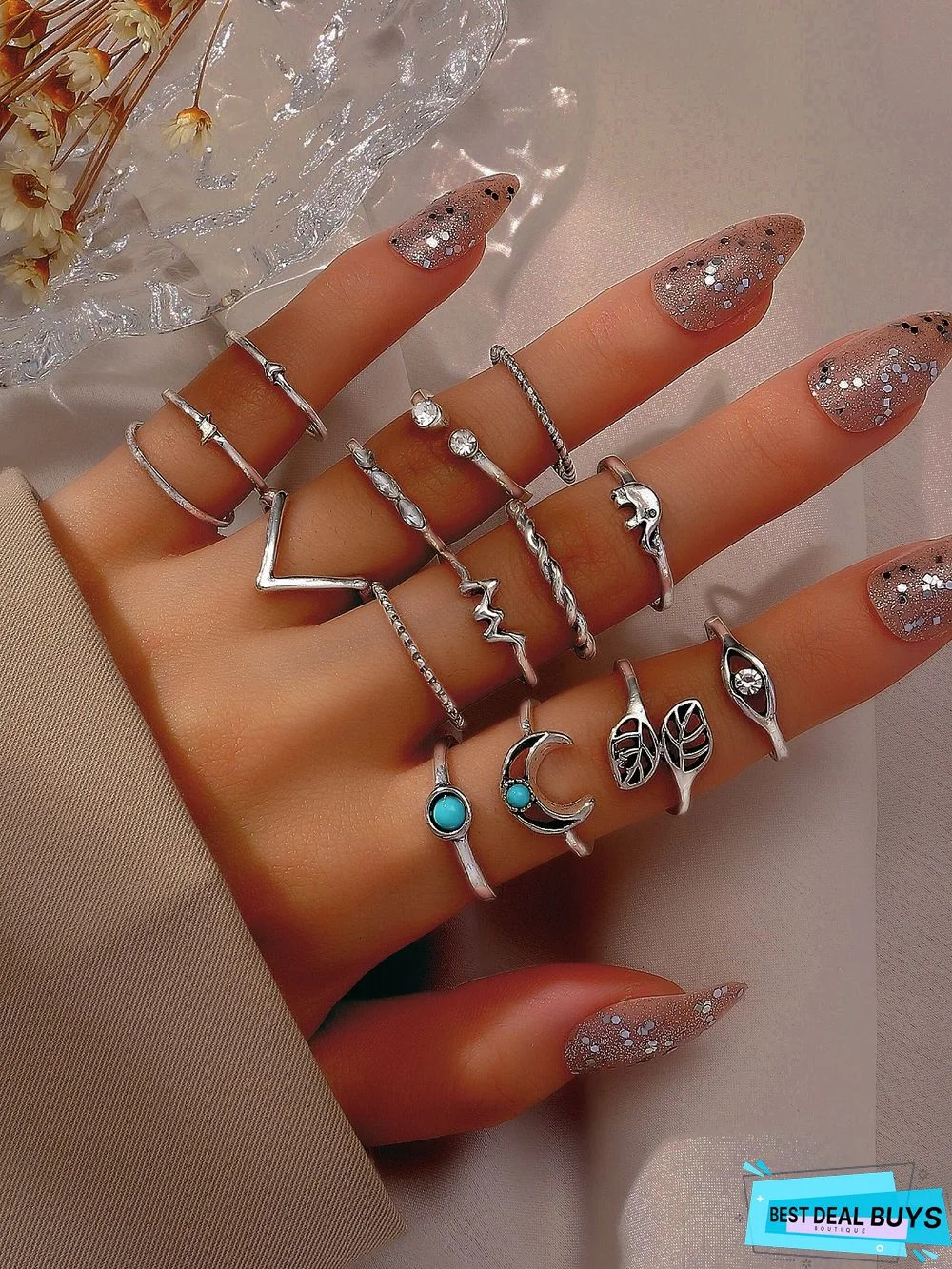 15Pc Bohemian Holiday Style Inlaid Turquoise Multilayer Ring Ethnic Style Vintage Beach Jewelry