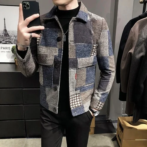 2023 Autumn and Winter Fashion New Men's Casual Lapel Hoodless Jacket / Male Slim Plaid Woolen Coat