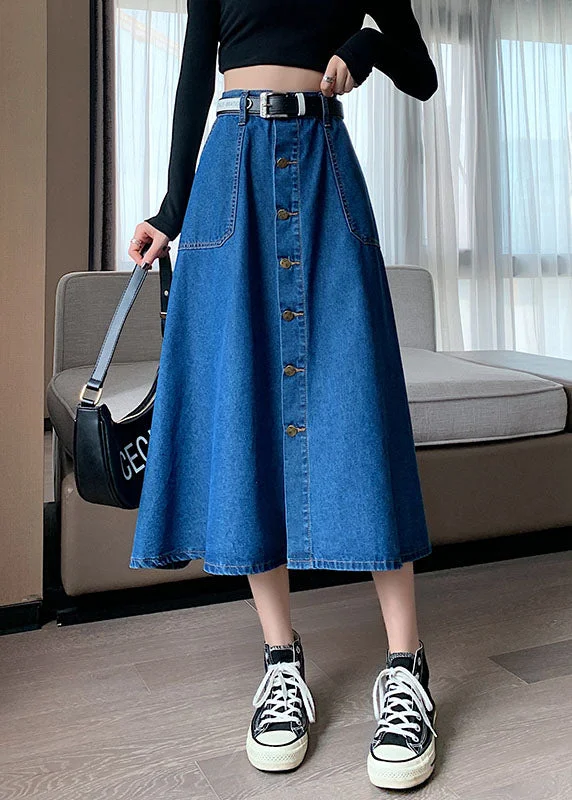 Plus Size Navy Elastic Waist Button Exra Large Hem Cotton Denim Skirt Cozy