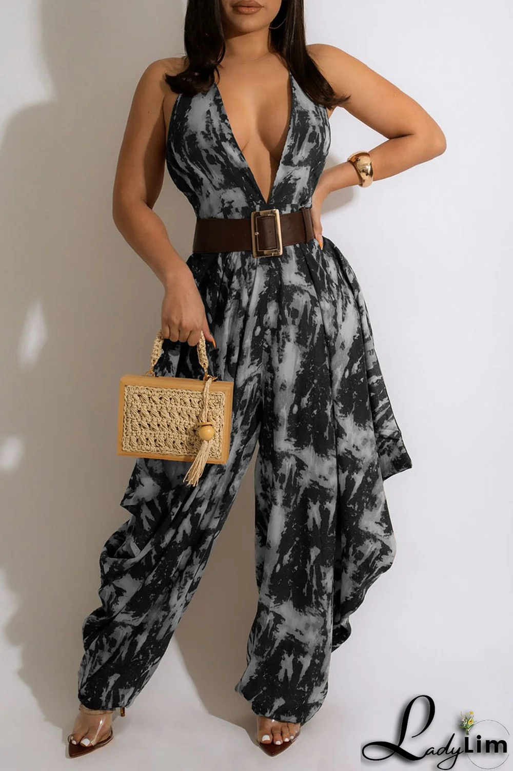 Grey Sexy Print Split Joint Backless Halter Loose Jumpsuits(Without Belt)