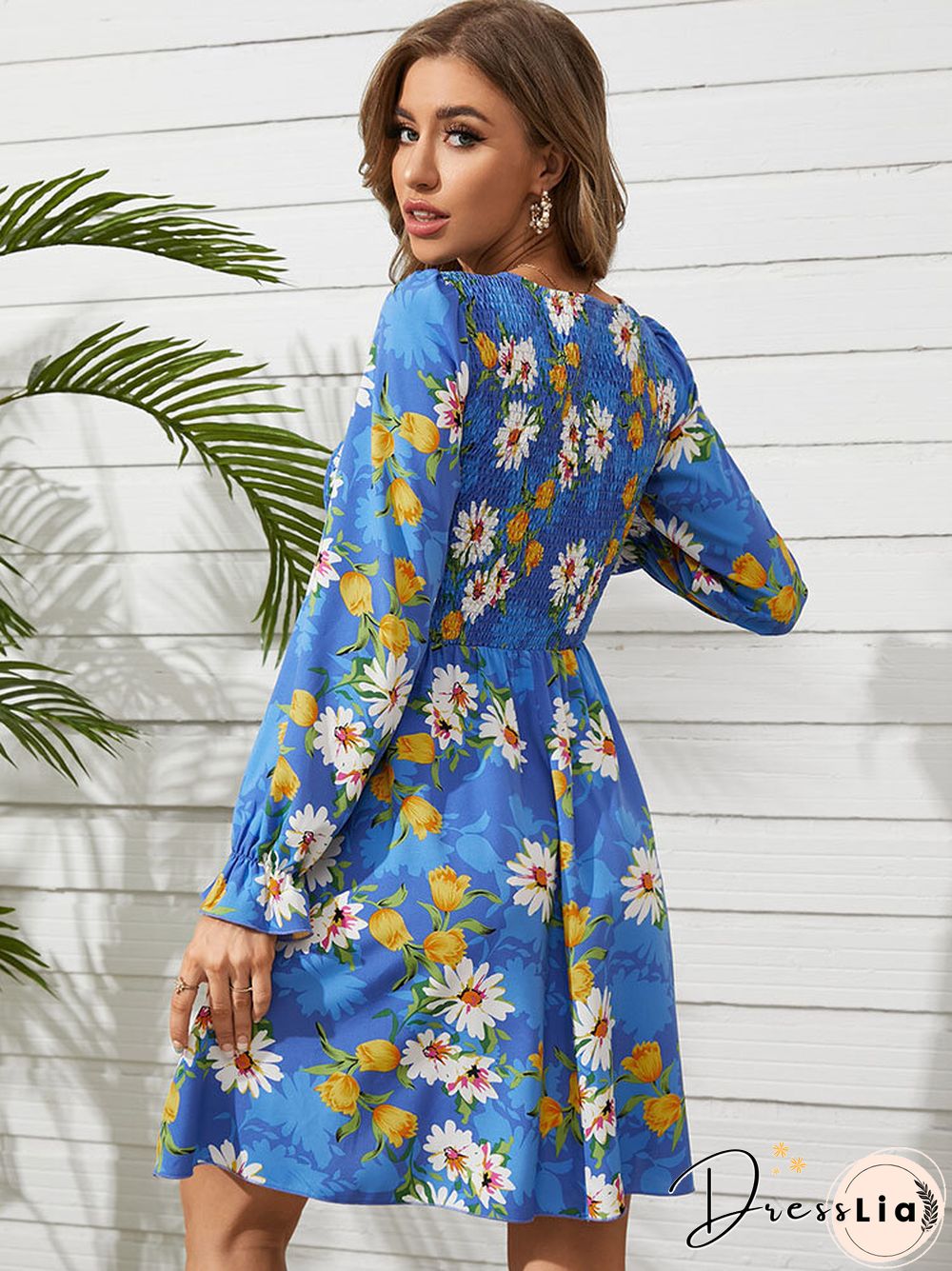 Flower Print Shirred Crew Neck Long Sleeve Dress