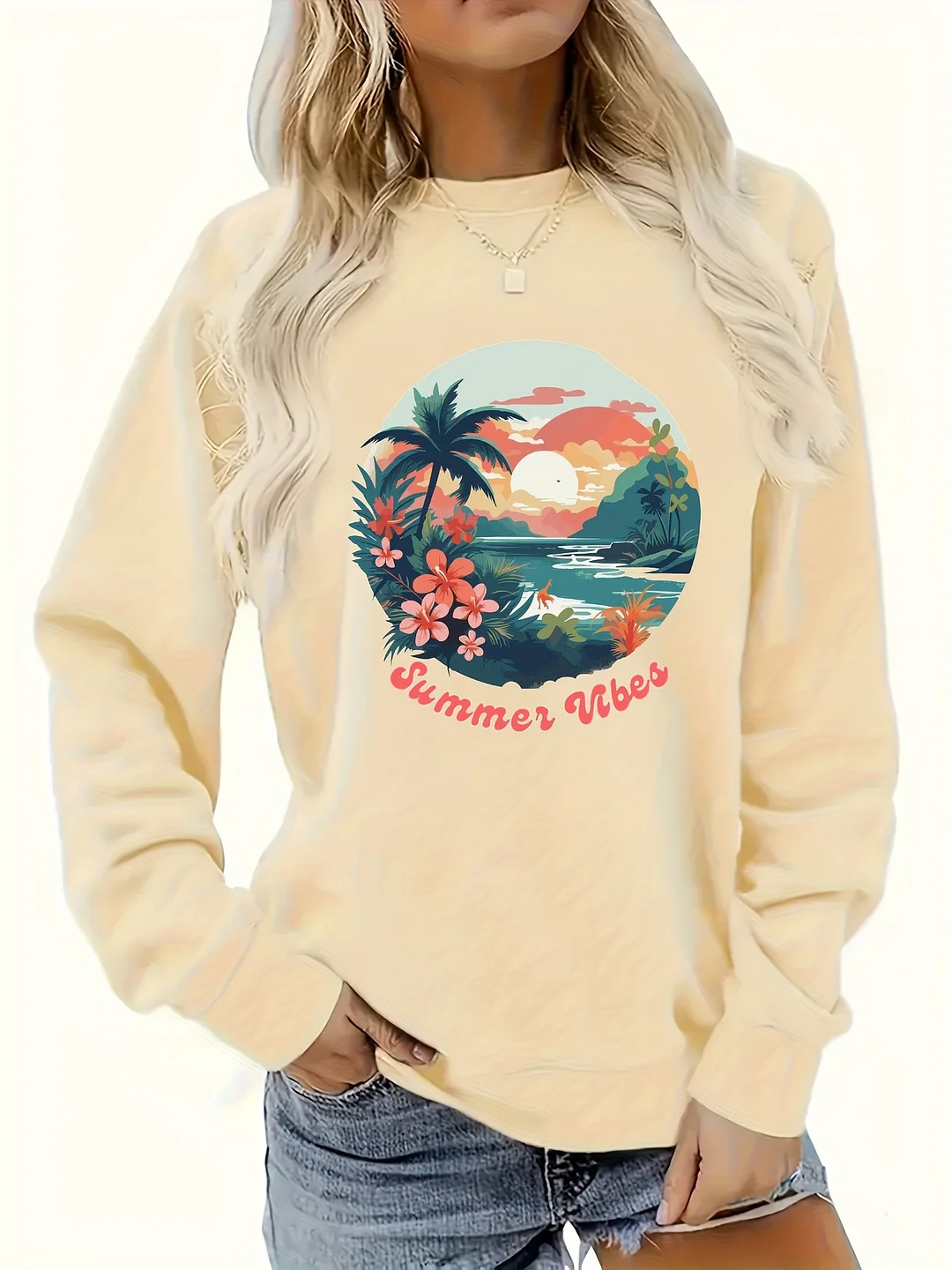 Women's Summer Vibes Tropical Beach Sunset Graphic Sweatshirt - Casual Long Sleeve Pullover With Palm Tree & Floral Print, Machine Washable Regular Fit For Outdoor Enthusiasts & Vacation Lovers, Relaxed Fit Top, Sunset Print Apparel | IFYHOME