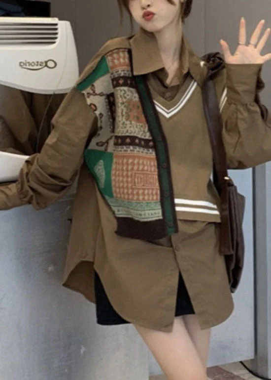 Casual Coffee Peter Pan Collar Patchwork Vest Shirt Top Spring