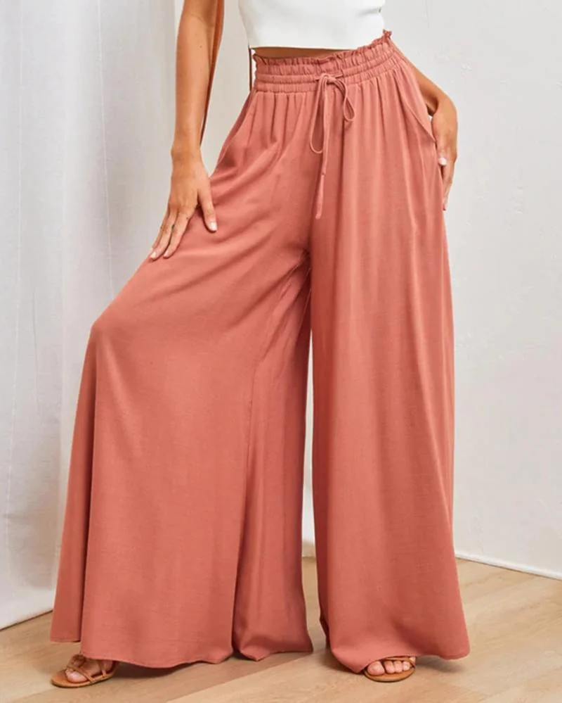 Solid Color Casual High Waist Wide Leg Pants