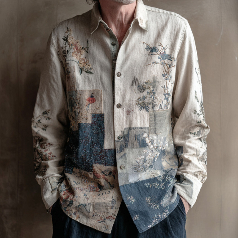 Men's Retro Japanese Art Floral Print Shirt  artssus
