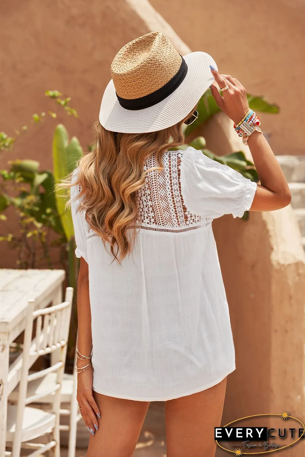 White V Neck Lace Crochet Short Sleeve Shirt
