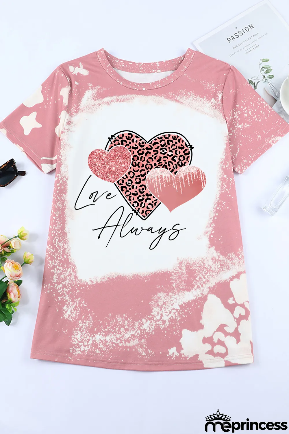 Pink Love Always Heart Leopard Bleached Print Graphic T Shirt