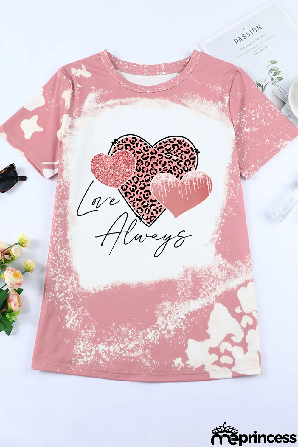 Pink Love Always Heart Leopard Bleached Print Graphic T Shirt