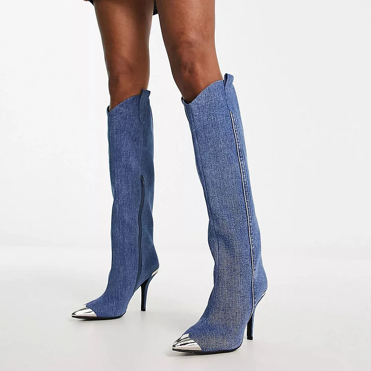 Blue Pointy Stiletto Western Knee High Denim Boots with Metal Rands |FSJ Shoes