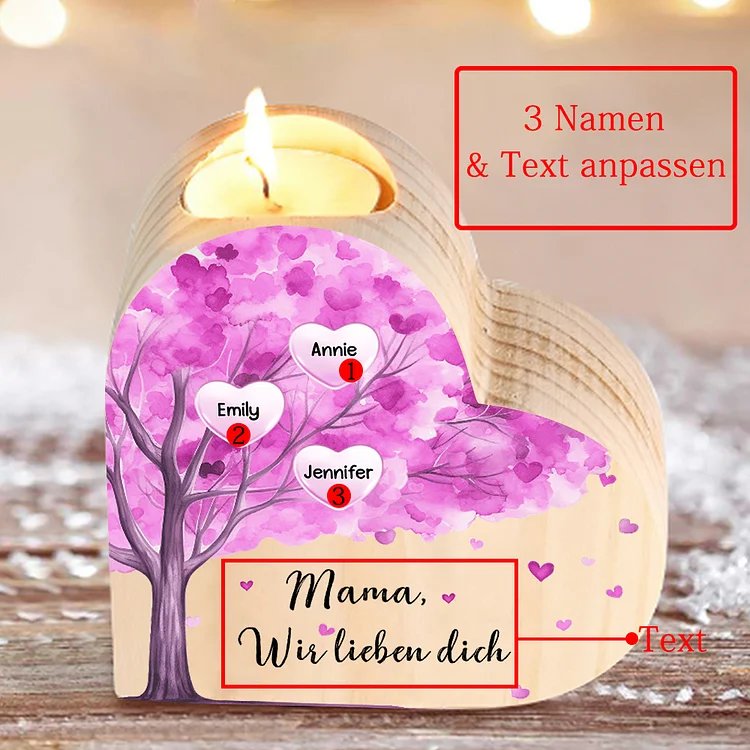 Personalisierte 3 Namen & Text Lila Baum Herzform Kerzenhalter-Geschenk für Familie