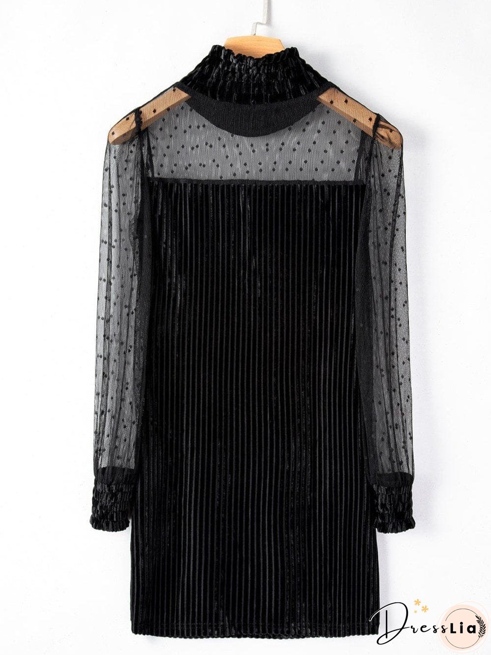 Polka Dot Striped Mesh Frilled Neck Bubble Sleeve Dress