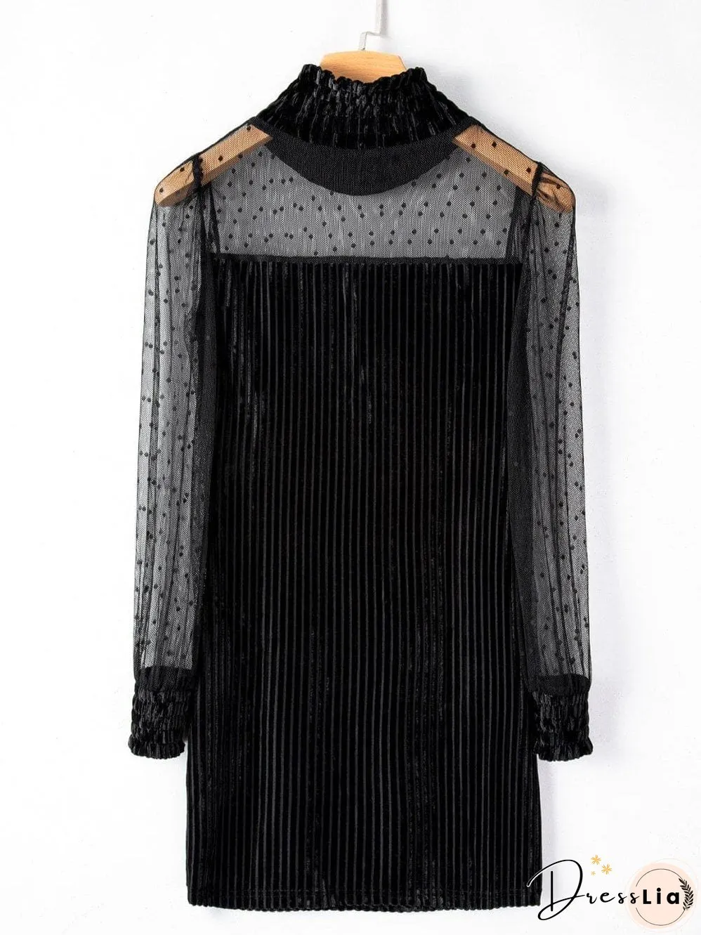 Polka Dot Striped Mesh Frilled Neck Bubble Sleeve Dress