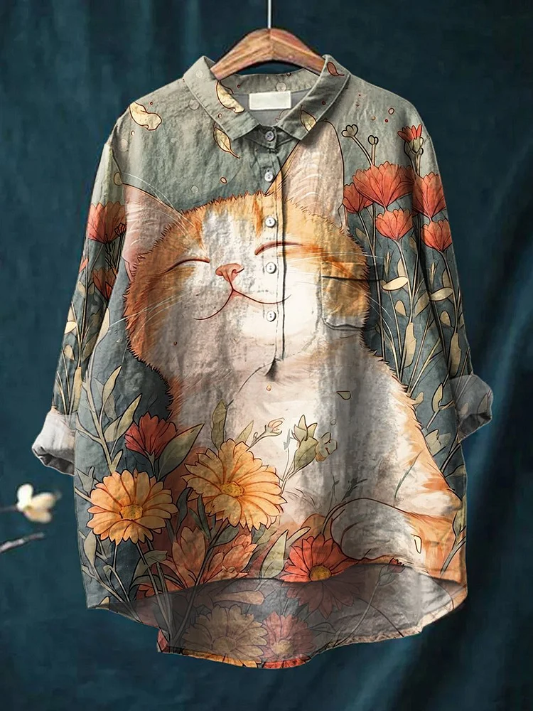 Women's Cute Orange Kitten Flowers Print Casual Cotton And Linen Shirt