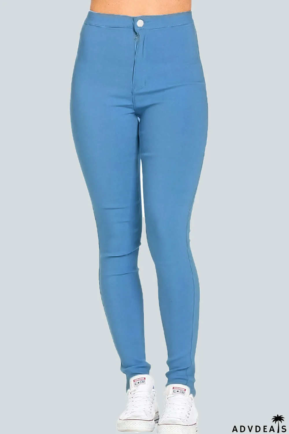 Light Blue Street Solid Buttons High Waist Regular Denim