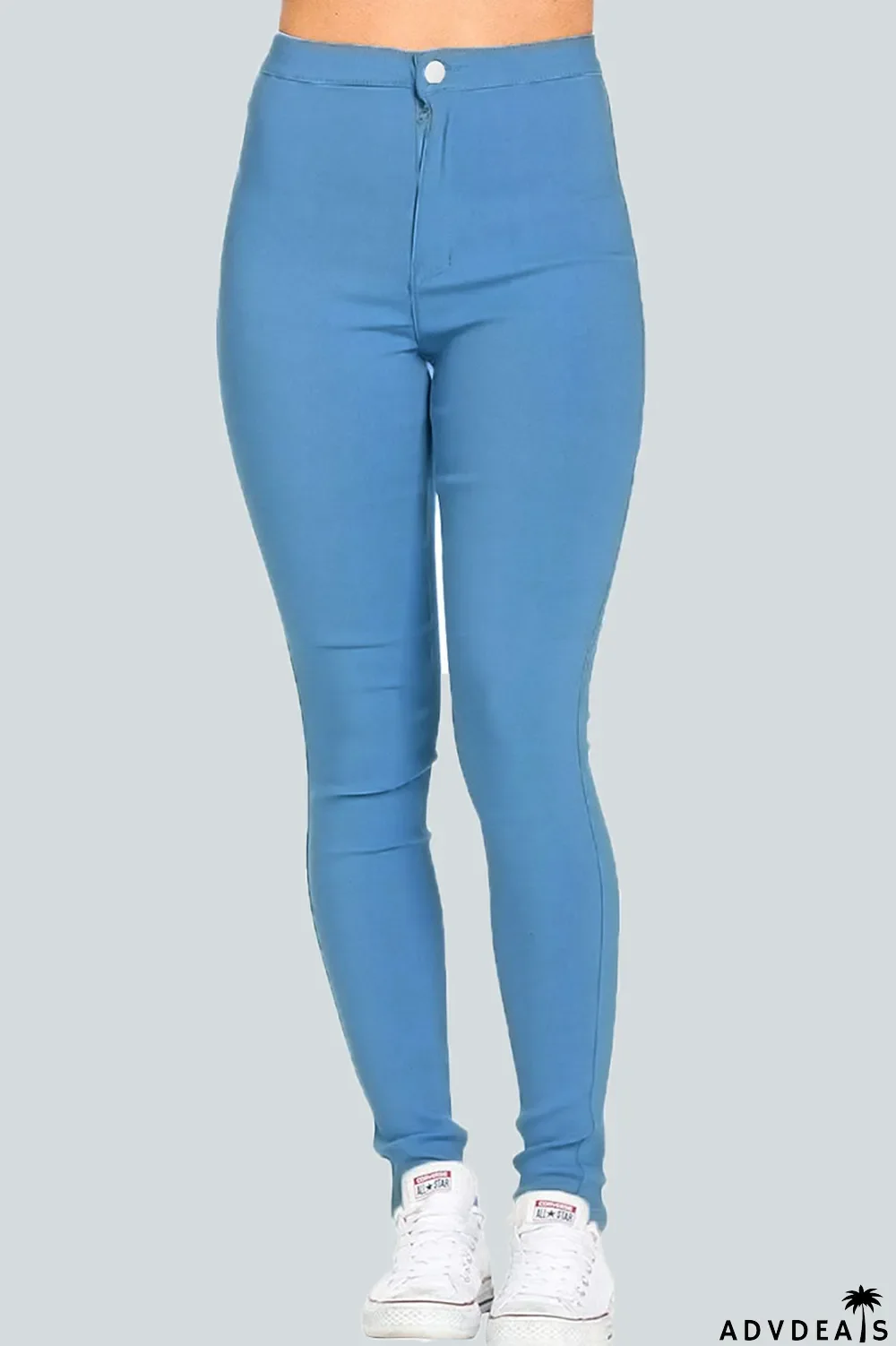 Light Blue Street Solid Buttons High Waist Regular Denim