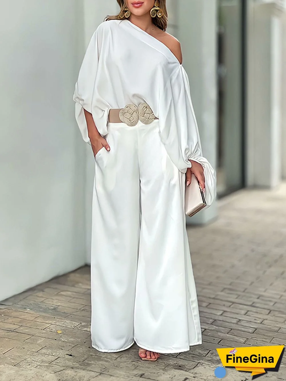 Loose Solid Color Cap Sleeve Off-The-Shoulder Blouses & Pants Two Pieces Set