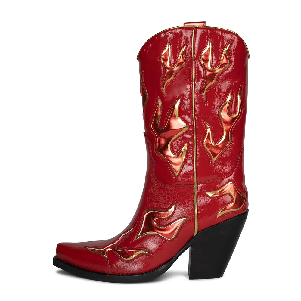 Red Chunky Heel Flame Pattern Mid-Calf Cowboy Boots for Women Nicepairs