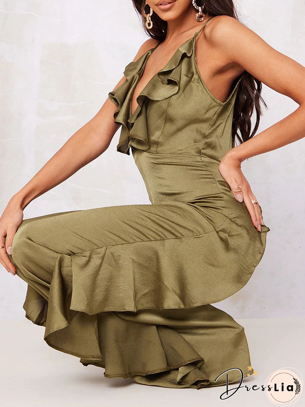 Women'S Jumpsuits Deep V Neck Open Back Ruffle Jumpsuit