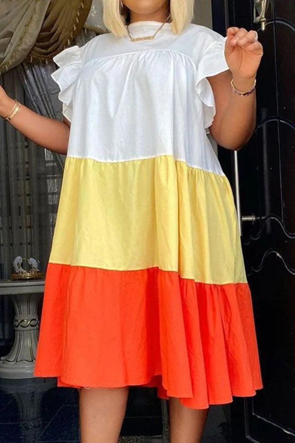 Color Block Casual Ruffle Midi Dress
