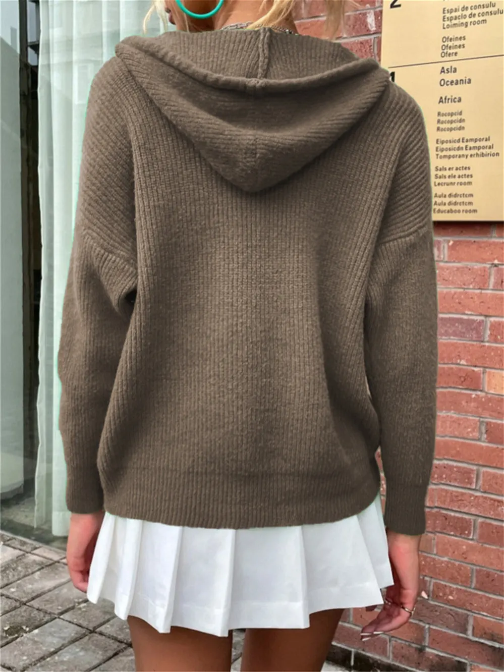 Women's Long Sleeve V-neck Lace-up Hooded Knit Seawter Tops