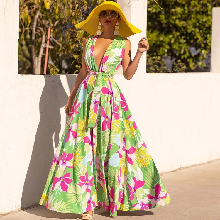 V Neck Blossom Printed Vacation Maxi Dress