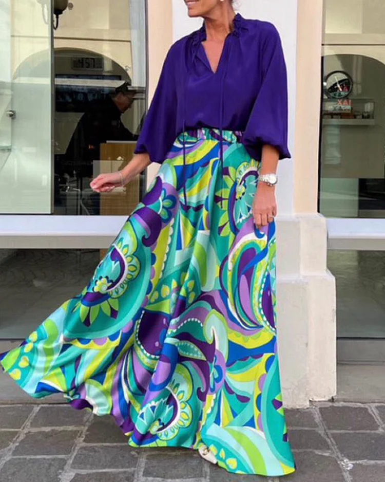 Retro Contrast Color Geometric Print Ladies Suit