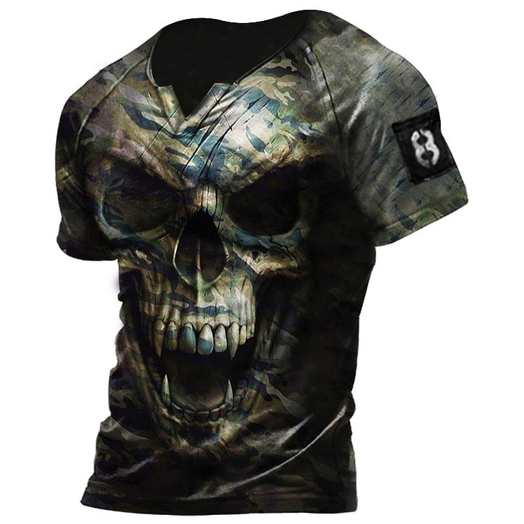 Mens Outdoor Camouflage Skull Print Tactical T-Shirt