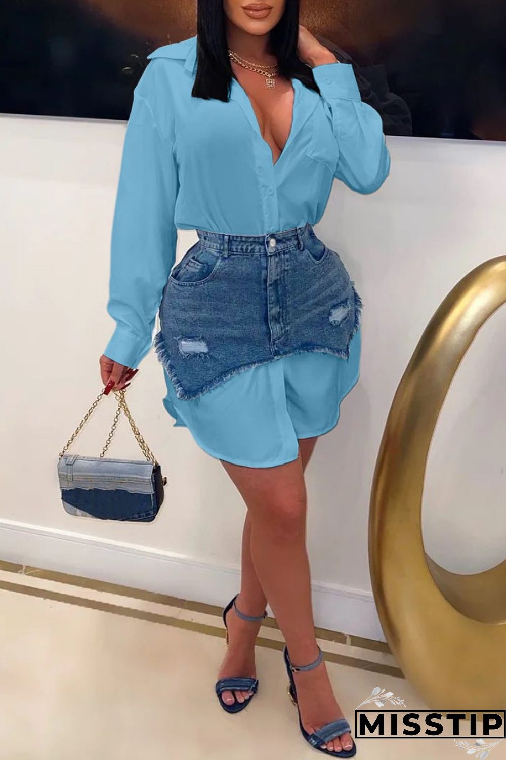 Black Casual Solid Ripped Turndown Collar Long Sleeve Two Pieces