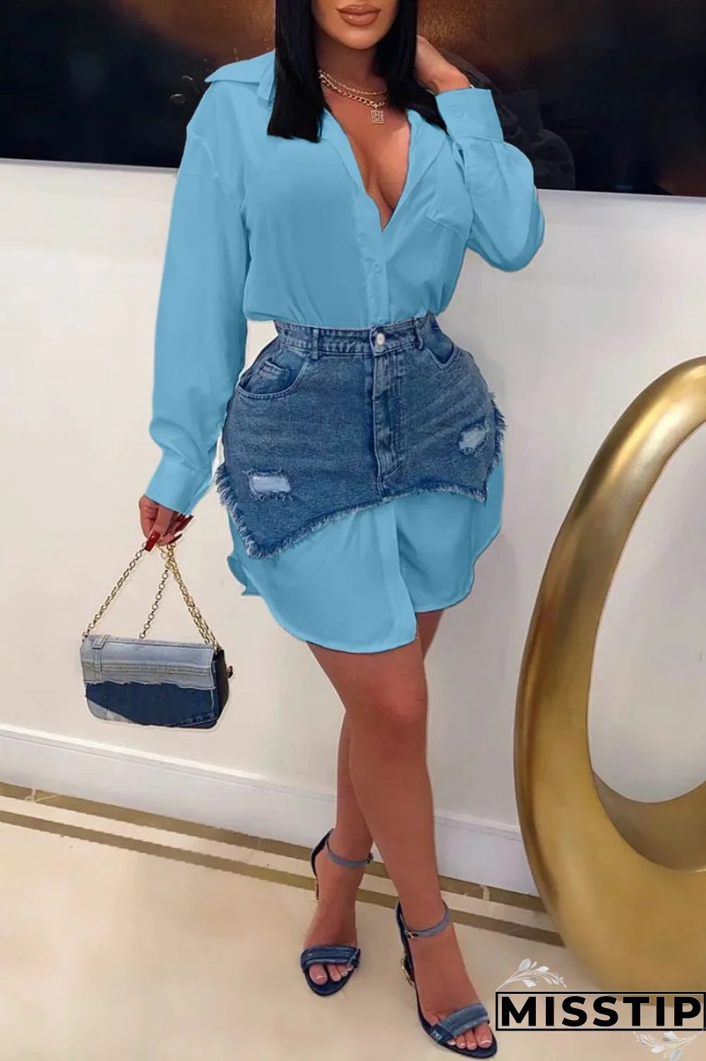 Black Casual Solid Ripped Turndown Collar Long Sleeve Two Pieces