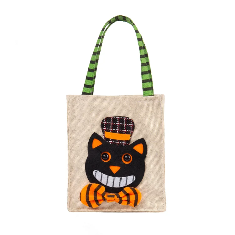 Beige Cat Bag-Personalized 1 Name Halloween Tote Bags, Custom Kids Halloween Trick or Treat Candy Bags with Cat