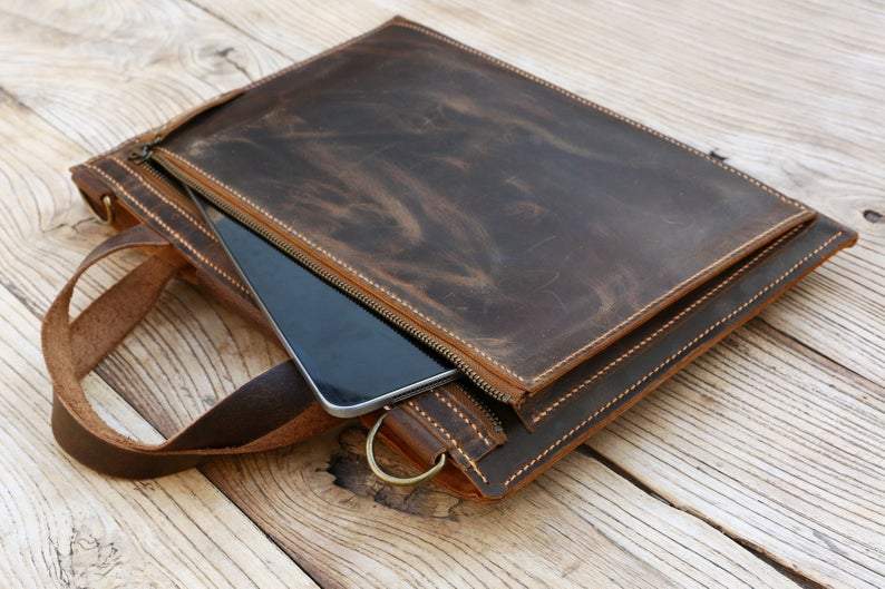 Personalized Hand stitched leather slim small laptop bag , brown leather lightweight laptop bag , leather Portfolio portfolio