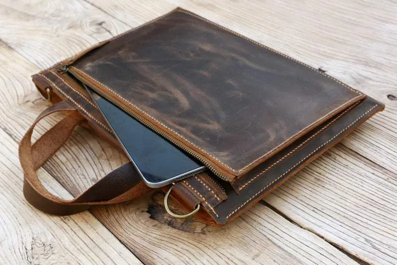 Personalized Hand stitched leather slim small laptop bag , brown leather lightweight laptop bag , leather Portfolio portfolio