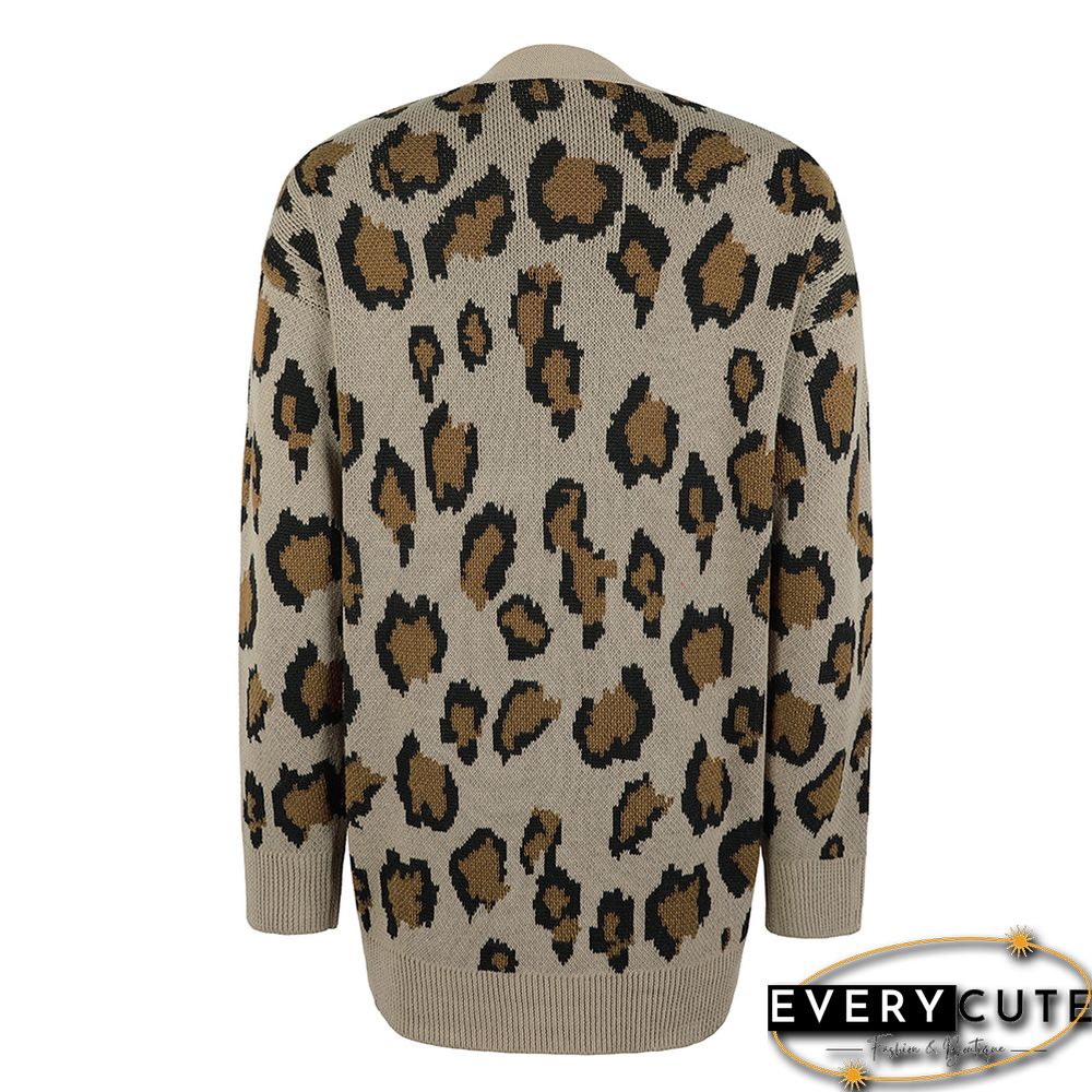 Khaki Contrast Leopard Print Pocket Open Front Cardigan