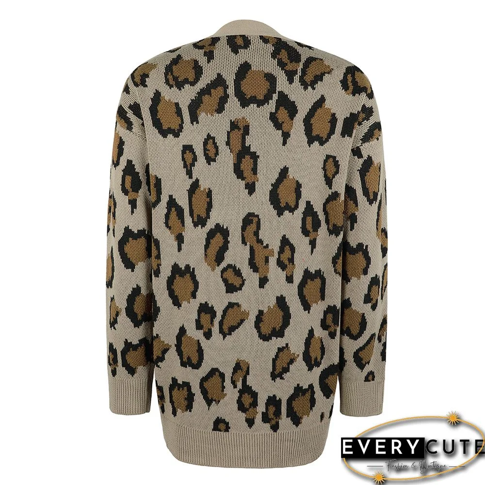 Khaki Contrast Leopard Print Pocket Open Front Cardigan