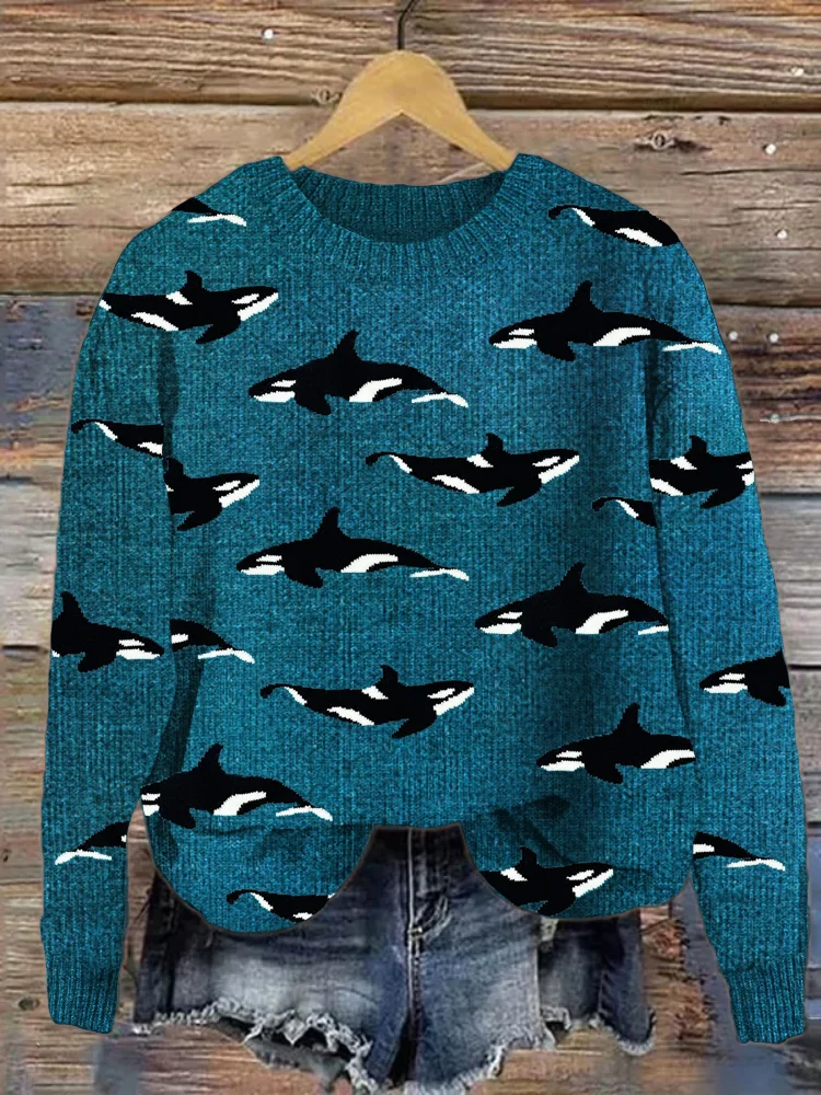 Ocean Whale Pattern Cozy Knit Sweater