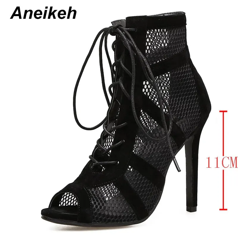 Aneikeh 2022 Fashion Basic Sandals Boots Women High Heels Pumps Sexy Hollow Out Mesh Lace-Up Cross-tied Boots Party Shoes Party