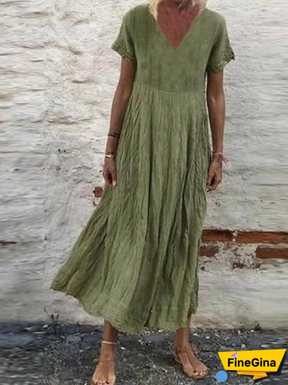 Women's Plus Size A-Line Dress Midi Dress - Short Sleeves Summer V Neck Casual  White Black Yellow Orange Green S M L XL XXL XXXL XXXXL XXXXXL White Dresses Linen