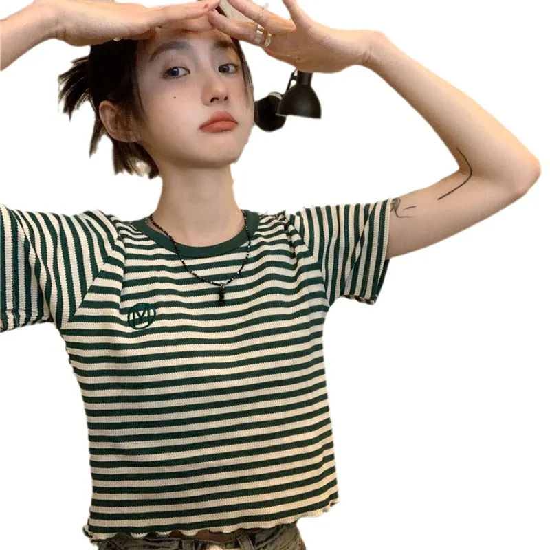 Brownm Brownm Striped Short-Sleeved T-Shirt Female Ins Tide Summer 2024 New Korean Version Design Sense Slim Short Student Jacket